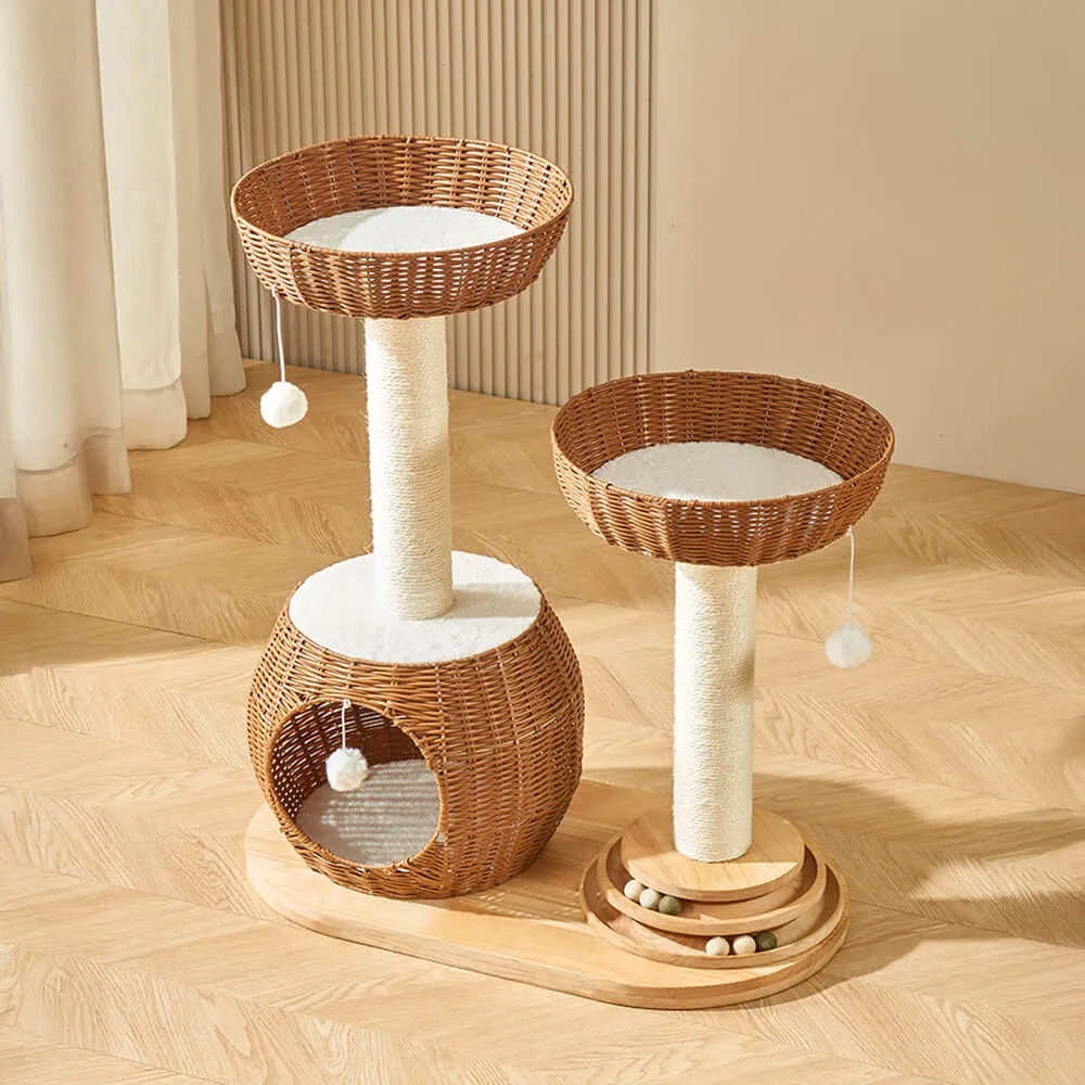 All-Season Natural Rattan Woven Cat Bed Solid Wood Large Cat Tree