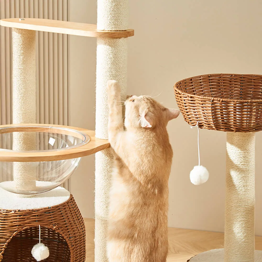 All-Season Natural Rattan Woven Cat Bed Solid Wood Large Cat Tree