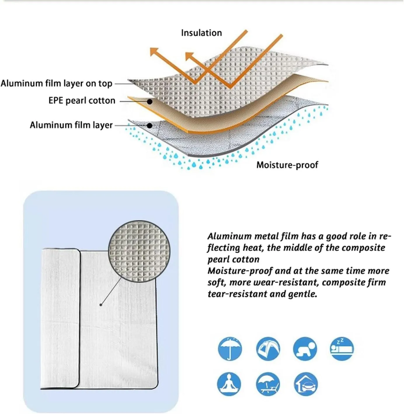 Aluminium Sleeping Mat Foam Mats, Sleeping Mat 7mm Thick Outdoor Double-Sided Moisture-Proof Foldable Tent for Camping Insulated Mat Foldable Tent Mat Floor Mat Thermal Mat