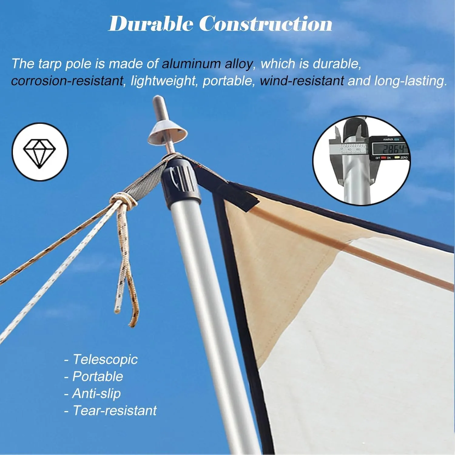 Aluminum Alloy Telescoping Tarp Poles, Lightweight Adjustable Tent Poles with Non-Slip Feet Covers, Portable Outdoor Camping Poles for Backpacking/Hiking(Silver-2 Bars)