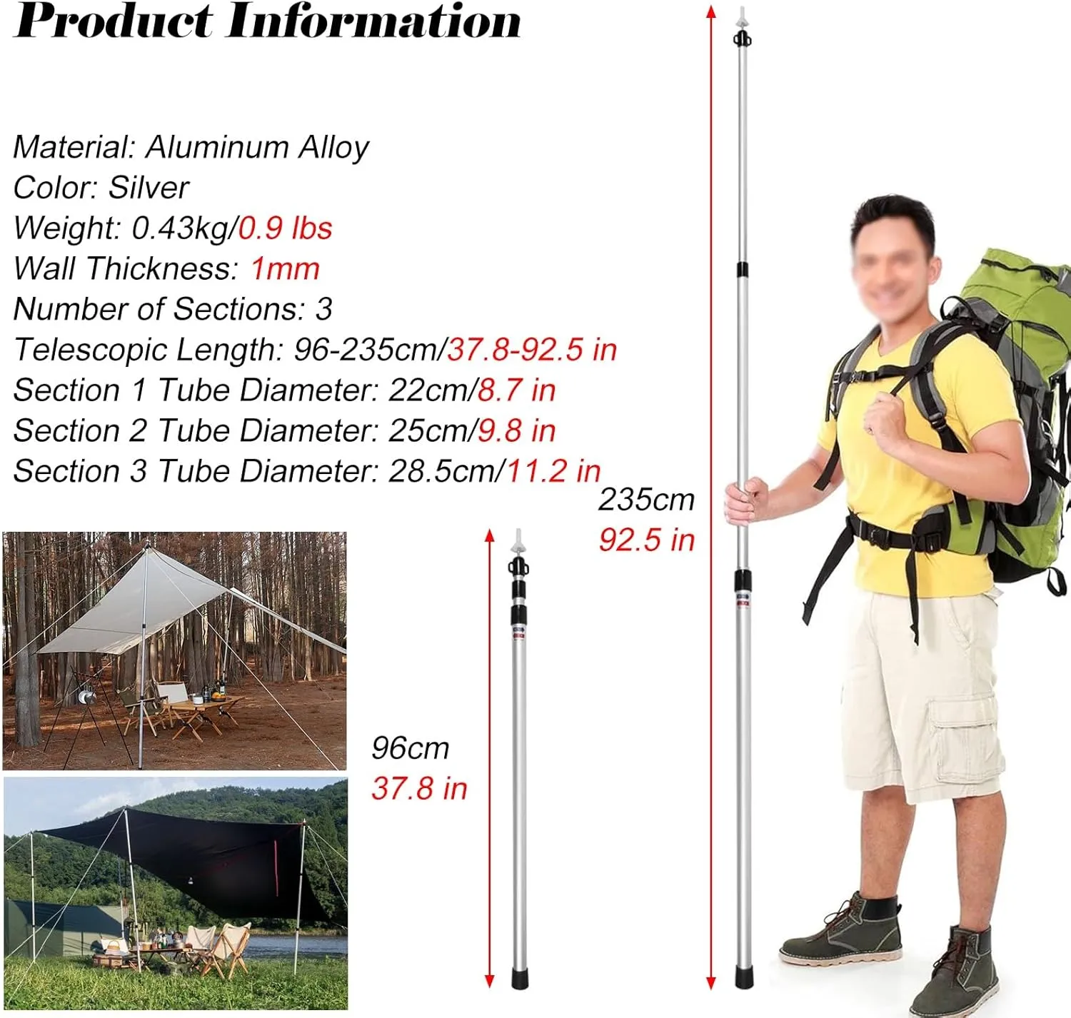 Aluminum Alloy Telescoping Tarp Poles, Lightweight Adjustable Tent Poles with Non-Slip Feet Covers, Portable Outdoor Camping Poles for Backpacking/Hiking(Silver-2 Bars)