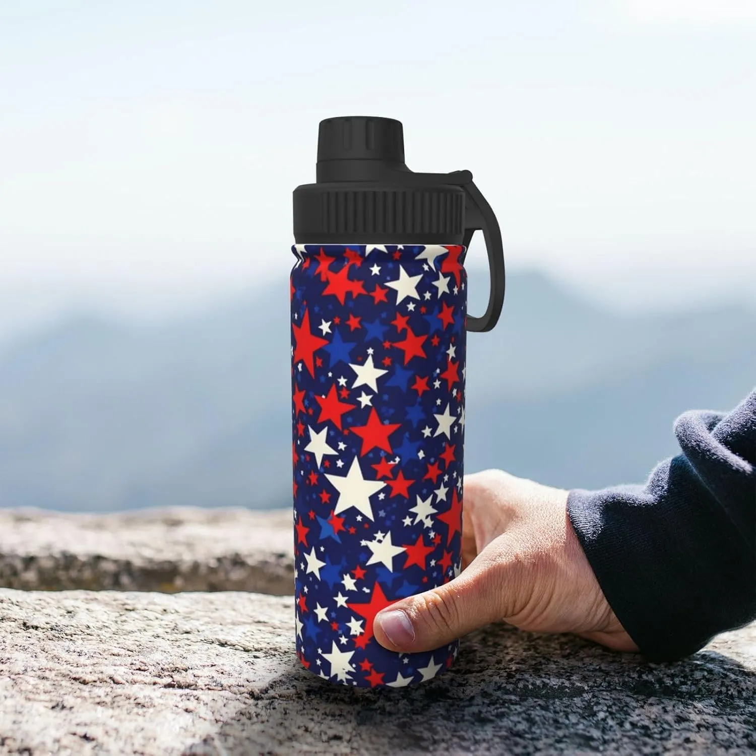 American Blue Red Stars 18 oz Stainless Steel Water Bottles Insulated Sports Water Bottle with Handle, Patriotic Double Wall Travel Water Flask for Running Hiking Fishing