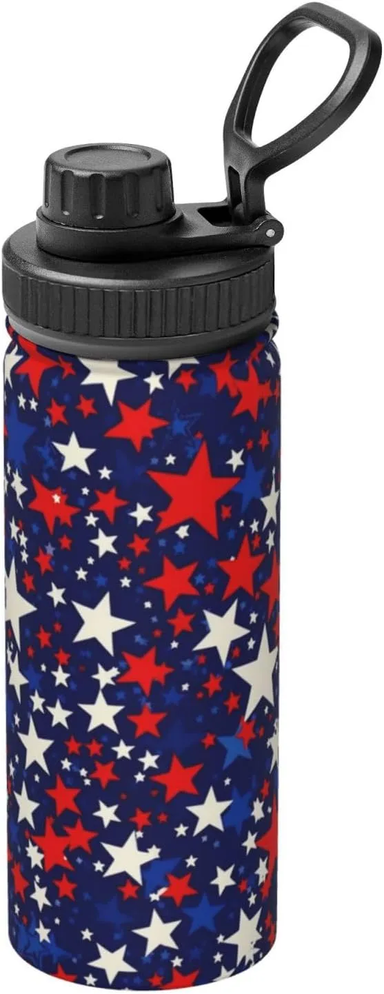 American Blue Red Stars 18 oz Stainless Steel Water Bottles Insulated Sports Water Bottle with Handle, Patriotic Double Wall Travel Water Flask for Running Hiking Fishing