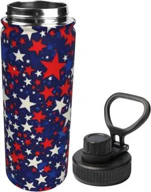 American Blue Red Stars 18 oz Stainless Steel Water Bottles Insulated Sports Water Bottle with Handle, Patriotic Double Wall Travel Water Flask for Running Hiking Fishing