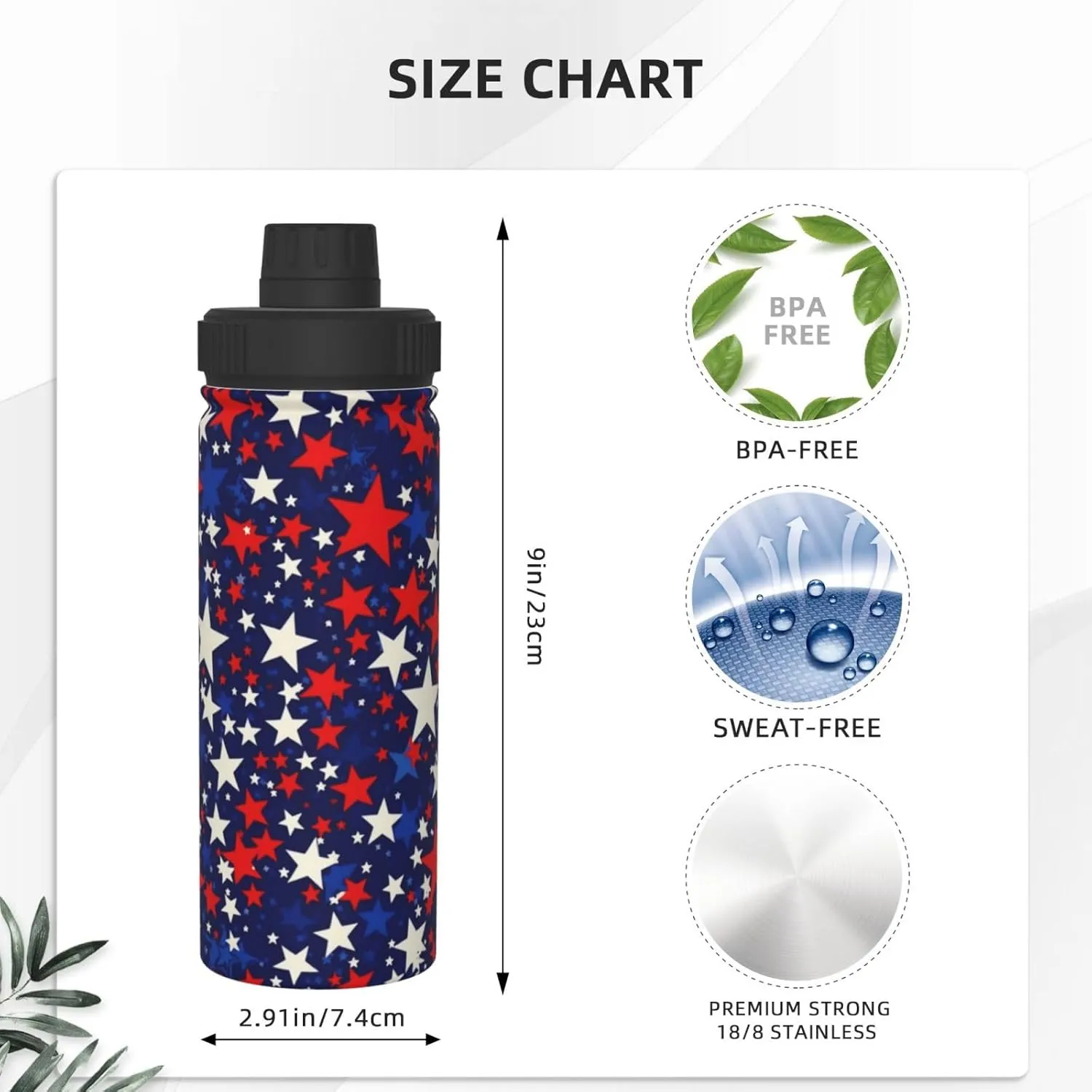 American Blue Red Stars 18 oz Stainless Steel Water Bottles Insulated Sports Water Bottle with Handle, Patriotic Double Wall Travel Water Flask for Running Hiking Fishing