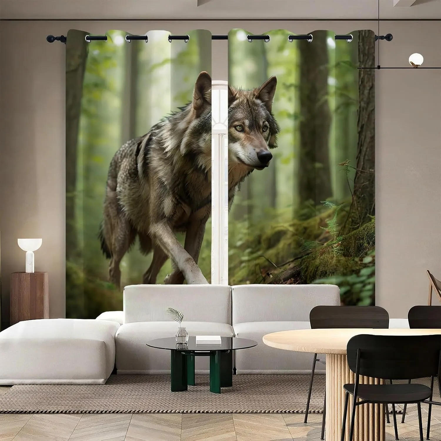 Animal Darkening Window Curtains 3D Print Jungle Running Gray Wolf Thermal Insulated Wear Resistant Drapes with Grommet for Home Decor Bedroom Living Room 2 Panels 42" W x 84" L