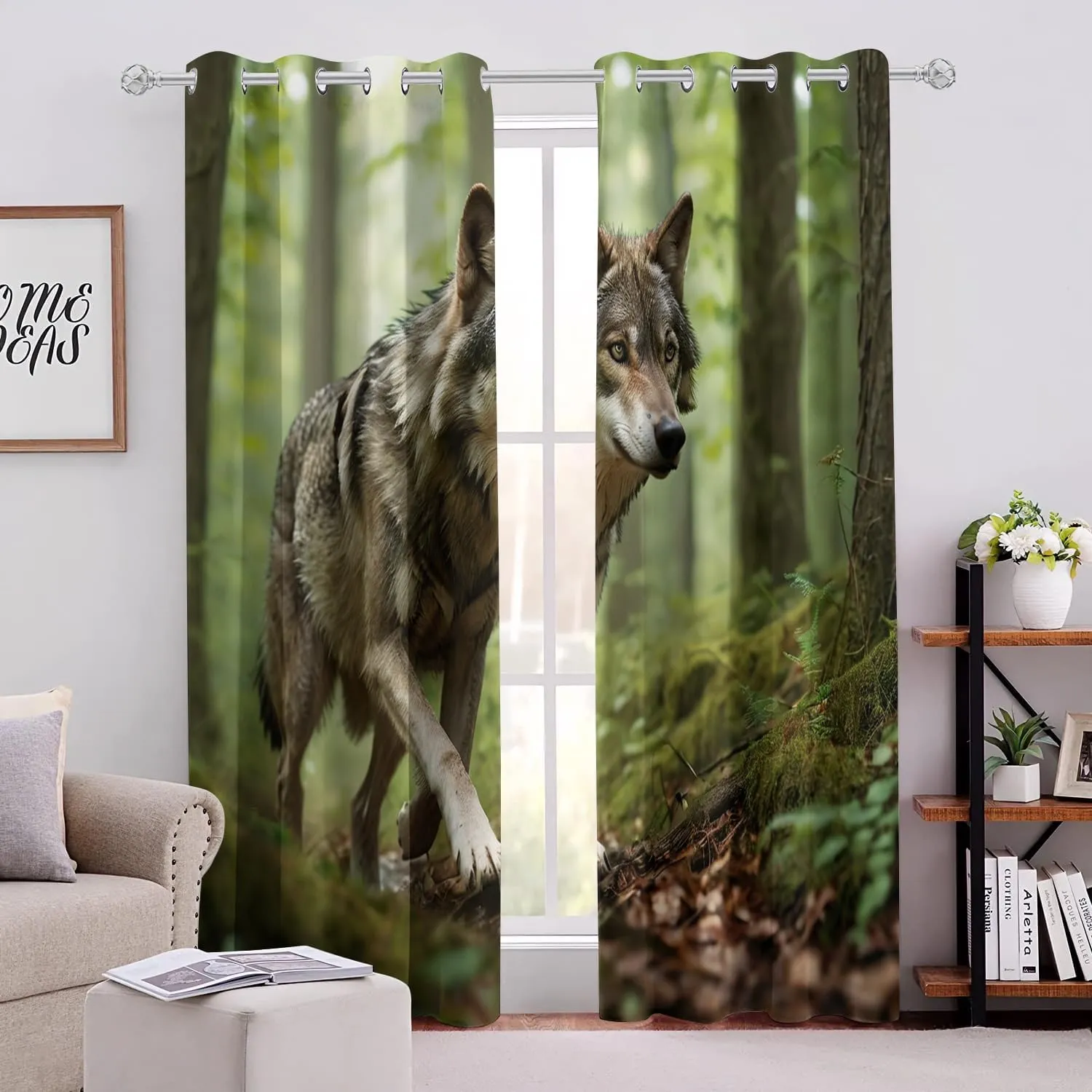 Animal Darkening Window Curtains 3D Print Jungle Running Gray Wolf Thermal Insulated Wear Resistant Drapes with Grommet for Home Decor Bedroom Living Room 2 Panels 42" W x 84" L