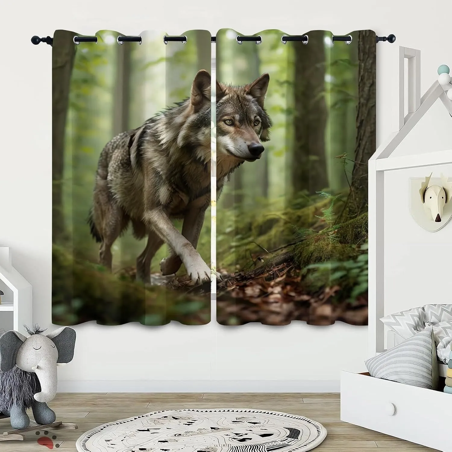 Animal Darkening Window Curtains 3D Print Jungle Running Gray Wolf Thermal Insulated Wear Resistant Drapes with Grommet for Home Decor Bedroom Living Room 2 Panels 42" W x 84" L