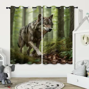 Animal Darkening Window Curtains 3D Print Jungle Running Gray Wolf Thermal Insulated Wear Resistant Drapes with Grommet for Home Decor Bedroom Living Room 2 Panels 42" W x 84" L