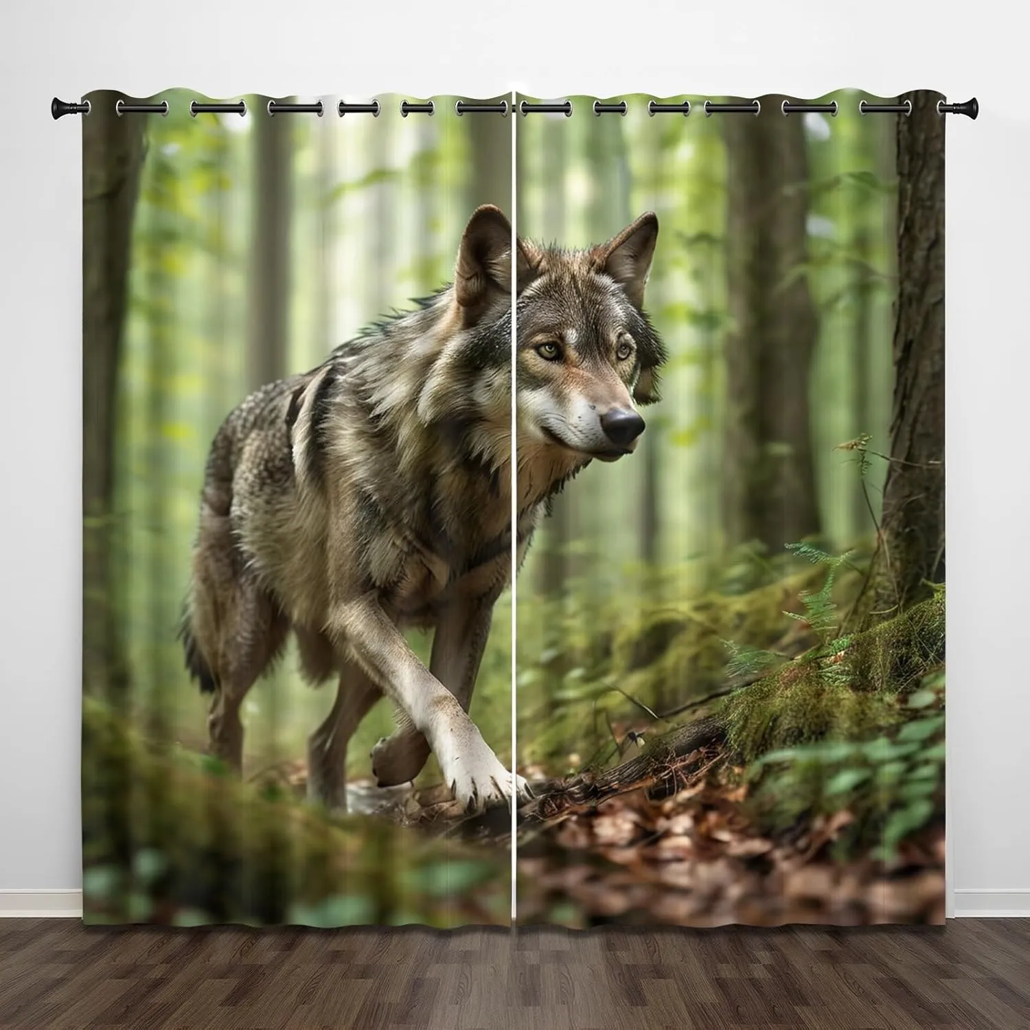 Animal Darkening Window Curtains 3D Print Jungle Running Gray Wolf Thermal Insulated Wear Resistant Drapes with Grommet for Home Decor Bedroom Living Room 2 Panels 42" W x 84" L