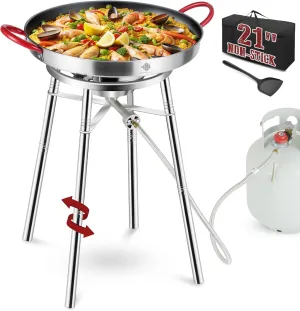 ARC Nonstick Paella Pan, Stainless Steel Paella Burner and Stand Set, Paella Pan Set with Propane Burner Head, Carry Bag, Wok Spatula, Foldable Brackets Perfect for Stockpot, Wok (21 in - 16 Servings)
