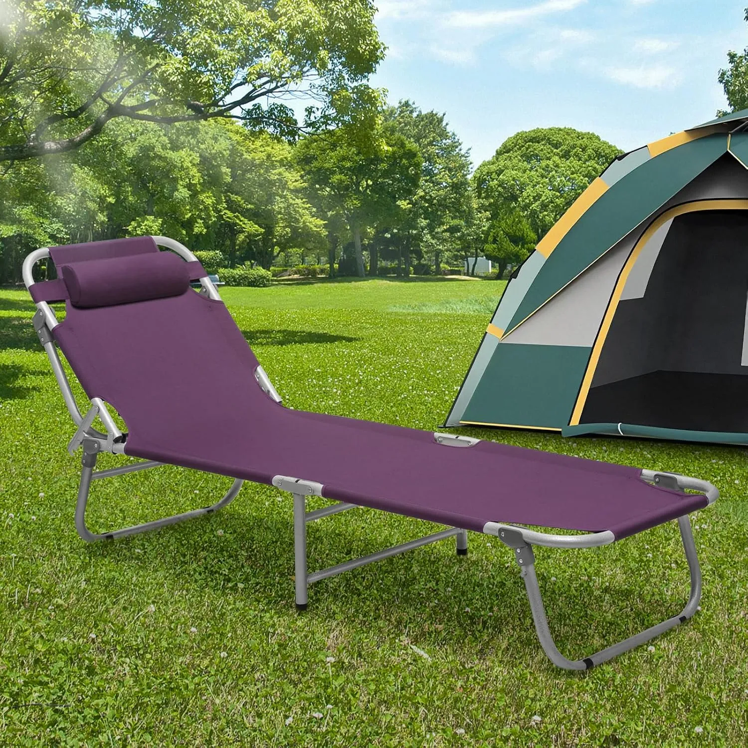 Athena Collection Camping Cot for Adult Sleeping, Heavy Duty Oxford Camping Bed with Pillow, Folding Cot Bed Portable Design with Carry Bag for Camping Outdoor Home Travel Support 300lbs Purple
