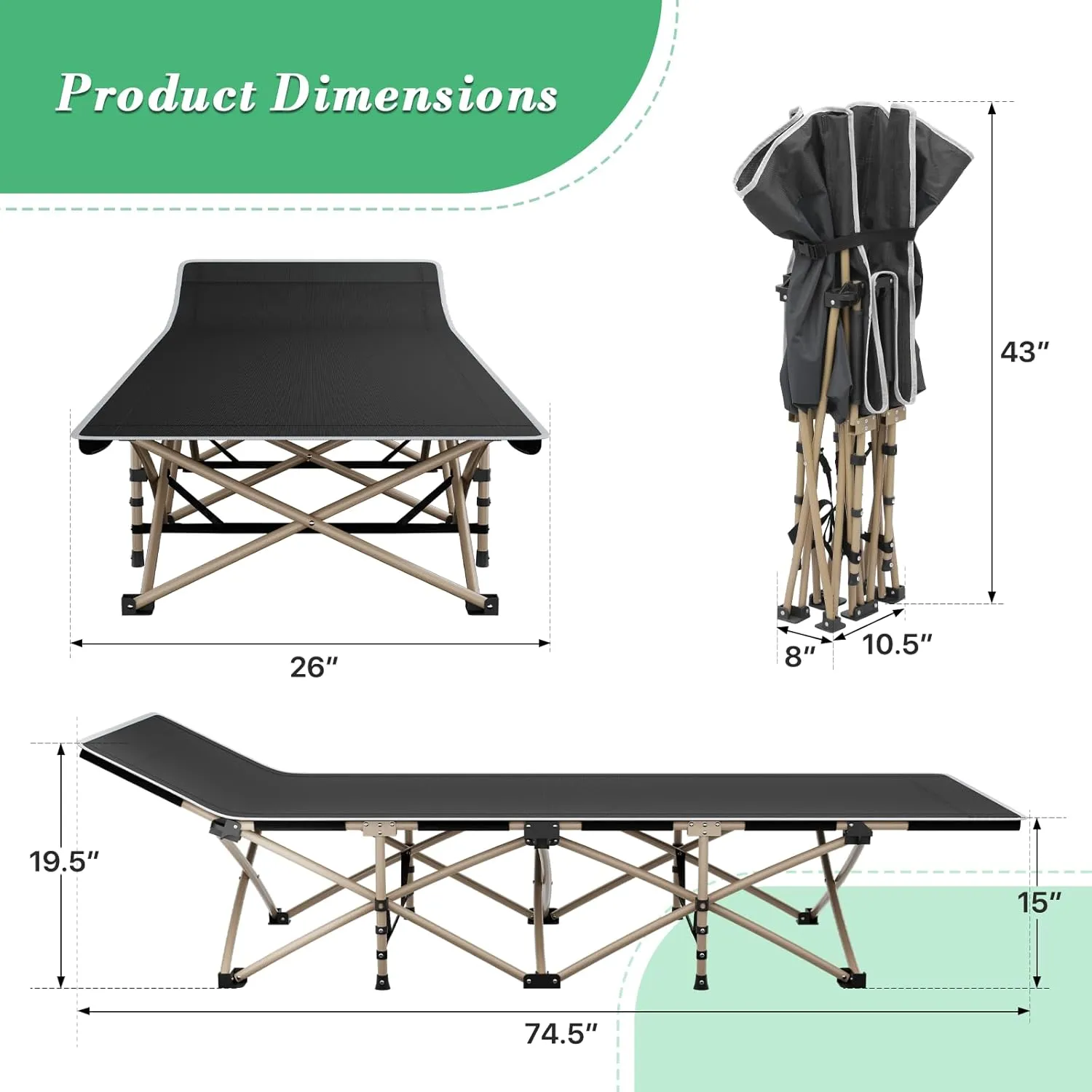 Athena Collection Cot for Adult Sleeping Camping Cot Bed with Side Pocket and Pillow, Heavy Duty Oxford Folding Cot Portable Space Saving Bed for Camping Outdoor Home Travel Support 360lbs Black