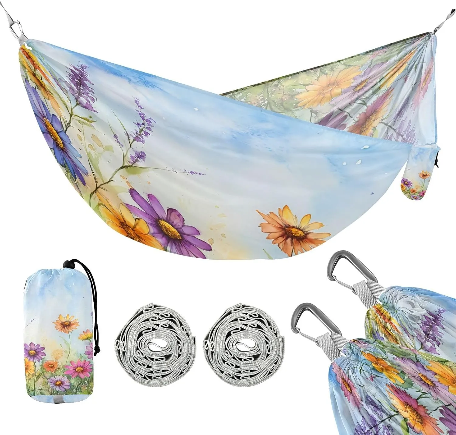 ATTX Colorful Wildflowers Meadow Camping Hammock - Lightweight & Portable Hammocks, Heavy Duty 330lbs Capacity for Indoor, Hiking, Backpacking, Travel, Backyard, Beach#538