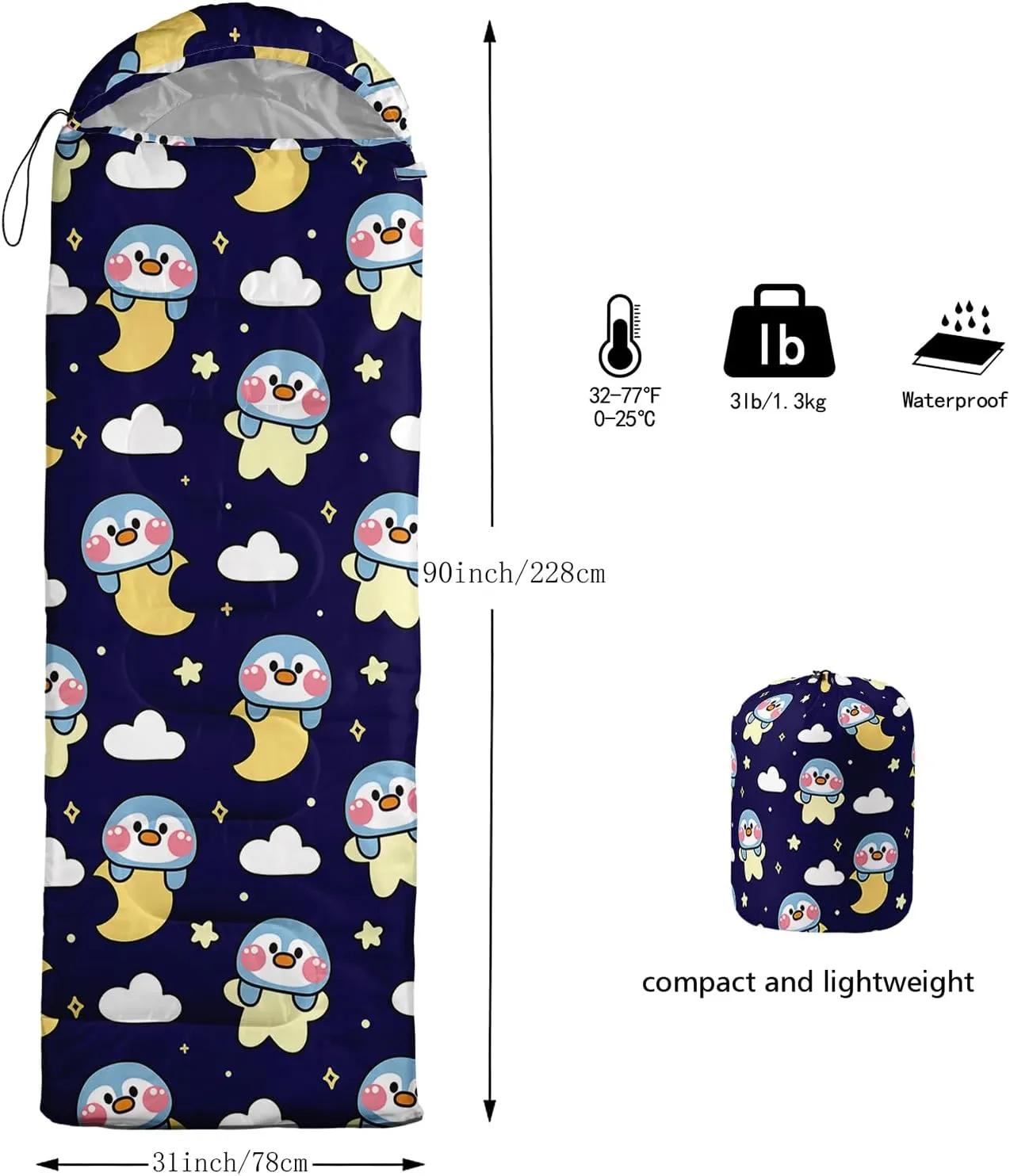 Axolotl Penguin Star Sleeping Bag,3 Season Warm and Cool Weather Moon Cloud Sleeping Bag for Boys Girls Teens,Waterproof Lightweight Lovely Animal Sleeping Bag for Traveling,Outdoors Camping,Navy Blue