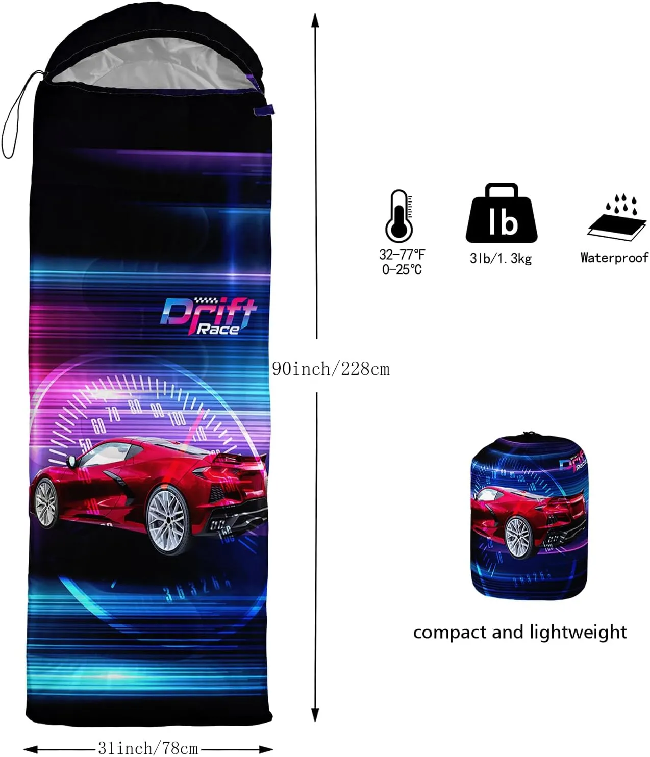 Axolotl Race Car Stripes Sleeping Bag,3 Season Warm and Cool Weather Boys Extreme Gaming Sleeping Bag for Boys Men,Waterproof Lightweight Red Cool Car Sleeping Bag for Traveling,Outdoors Camping