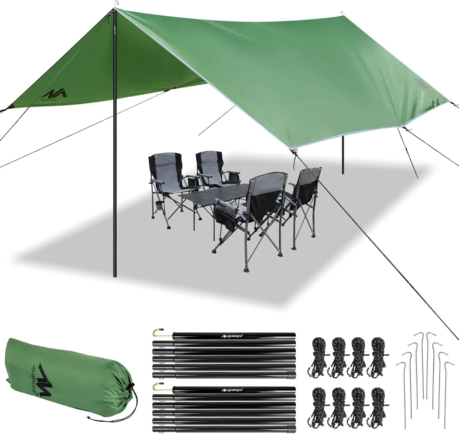 AYAMAYA Camping Tarp with Poles Heavy Duty, 10 x 15 FT Extra Large Waterproof Tarp Tent Awning, Hammock Rain Fly Sun Shelter for Camping, Beach, Picnic, Outdoor Activities