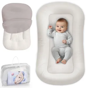 Baby Lounger - Baby Lounger Pillow for Newborn, 0-24 Months, Infant Lounger for Home and Travel, Soft Cotton, Co Sleeping Baby Nest, Newborn Babies Essentials Gifts, White (Lounger Cover Included)