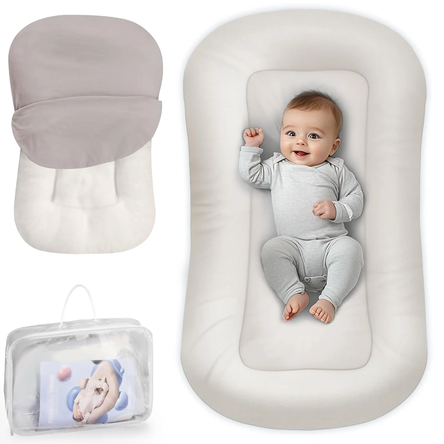 Baby Lounger - Baby Lounger Pillow for Newborn, 0-24 Months, Infant Lounger for Home and Travel, Soft Cotton, Co Sleeping Baby Nest, Newborn Babies Essentials Gifts, White (Lounger Cover Included)