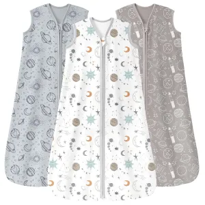 Baby Sleep Sack 12-18 Months 3 Pack 100% Cotton Lightweight 0.5 TOG Wearable Blanket Baby Sleep Bag with 2-Way Zipper for Newborn Infant White Gray Blue Space