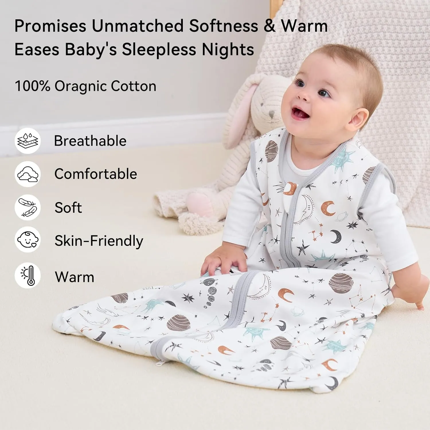 Baby Sleep Sack 12-18 Months 3 Pack 100% Cotton Lightweight 0.5 TOG Wearable Blanket Baby Sleep Bag with 2-Way Zipper for Newborn Infant White Gray Blue Space