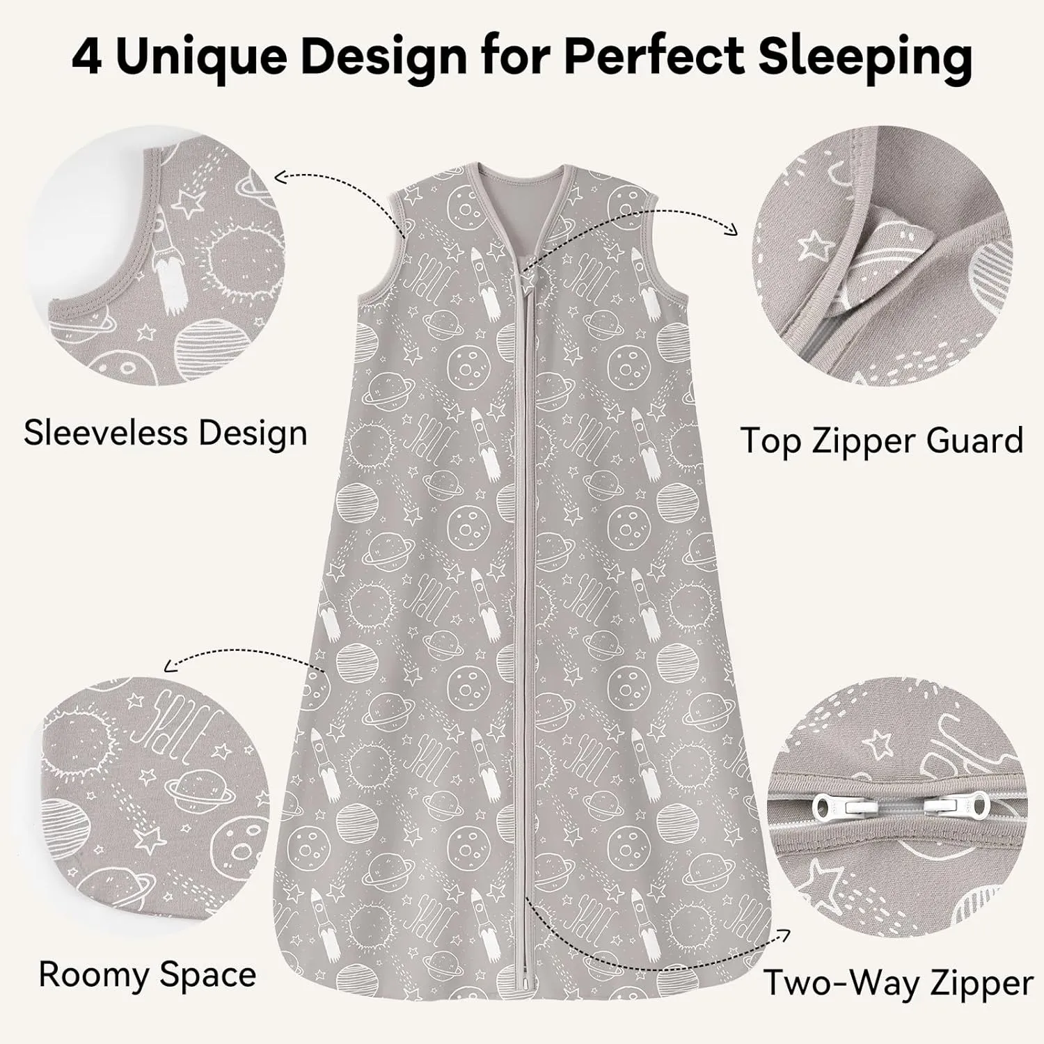 Baby Sleep Sack 12-18 Months 3 Pack 100% Cotton Lightweight 0.5 TOG Wearable Blanket Baby Sleep Bag with 2-Way Zipper for Newborn Infant White Gray Blue Space