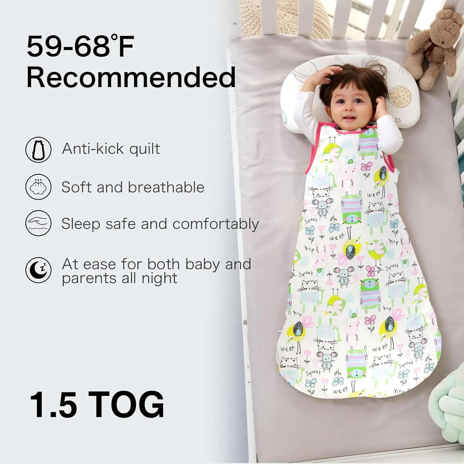 Baby Sleep Sack 1.5 Tog Cotton, Wearable Blanket, 2-Way Zipper Sleepsack, Soft Baby Sleeping Bag 6-12 Months M Size