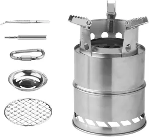 Backpacking Camping Stove Camp Wood Stove Foldable Stainless Steel Burning Stove with Grill for Outdoor Hiking Picnic BBQ