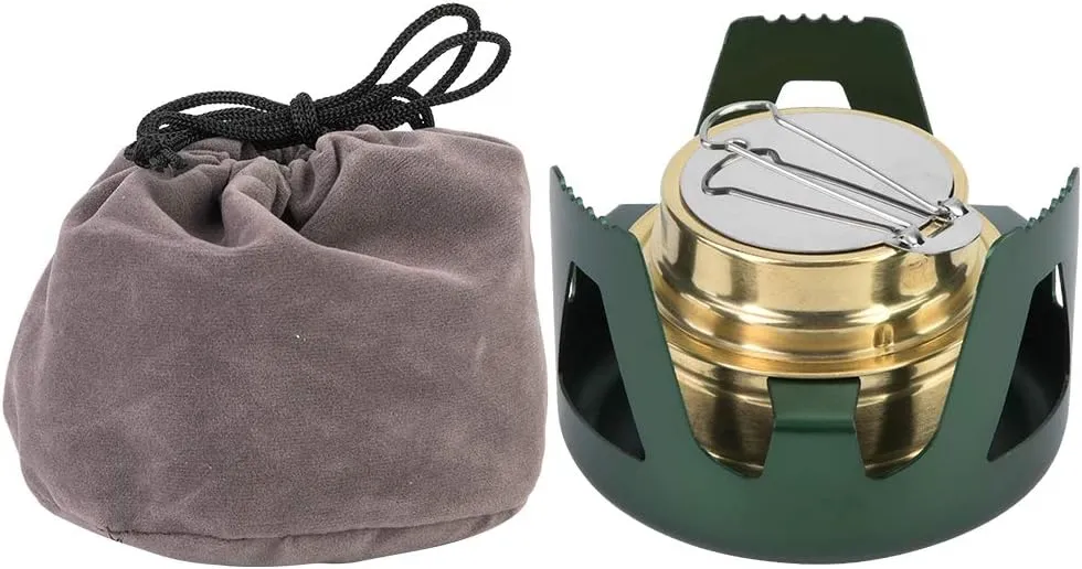 Backpacking Portable Mini Alcohol Stove, Lightweight Brass Burner, Camping Cooktop with Aluminium Stand and Flame Regulator for Hiking, Picnic, BBQ and Survival (Green)