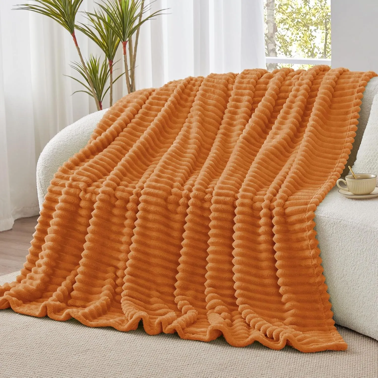 BEDELITE Fall Throw Blanket for Couch - 300GSM Soft & Warm Fluffy Fleece Blanket, Decorative and Giftable Burnt Orange Striped Blankets for Women, Men, 60"x80"