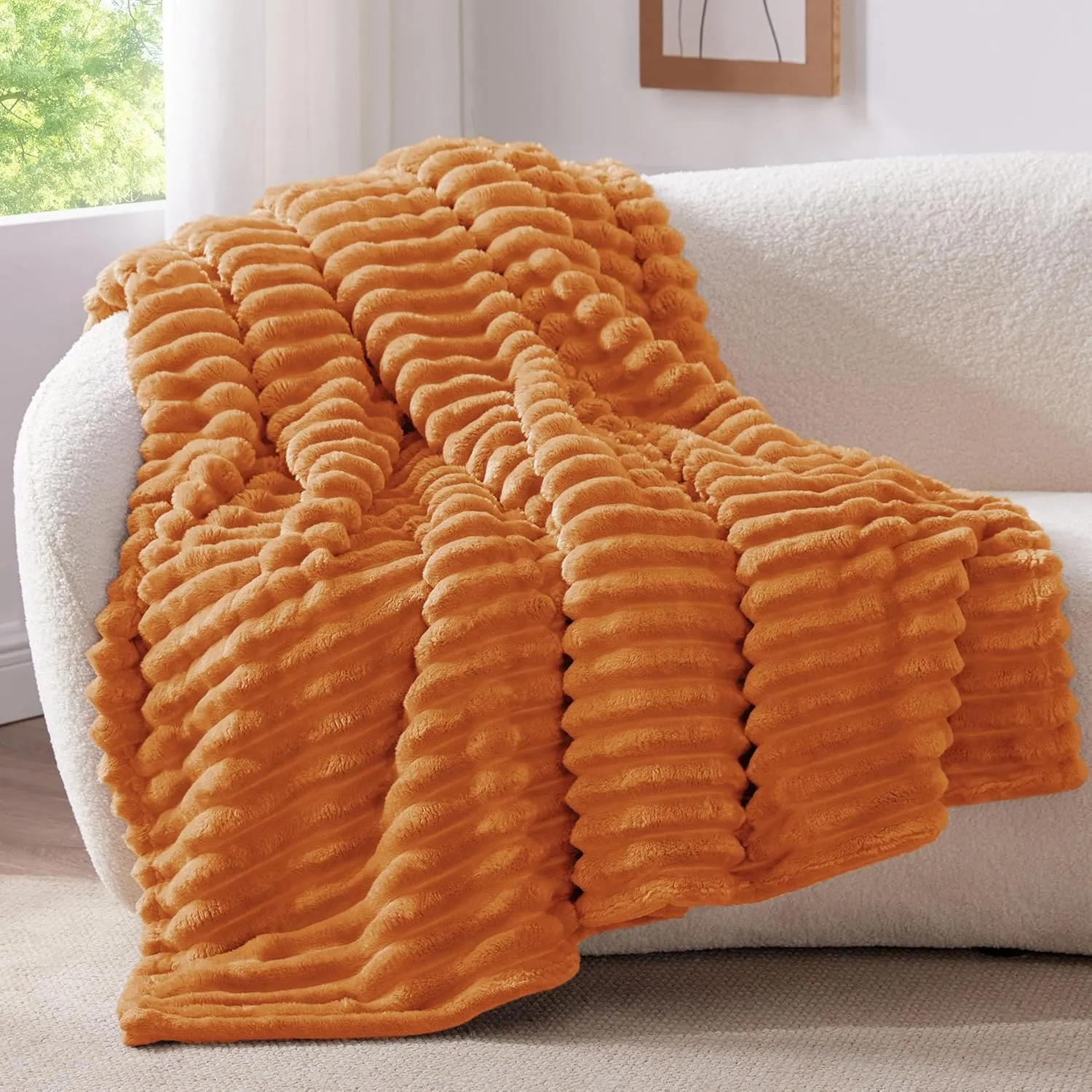 BEDELITE Fall Throw Blanket for Couch - 300GSM Soft & Warm Fluffy Fleece Blanket, Decorative and Giftable Burnt Orange Striped Blankets for Women, Men, 60"x80"