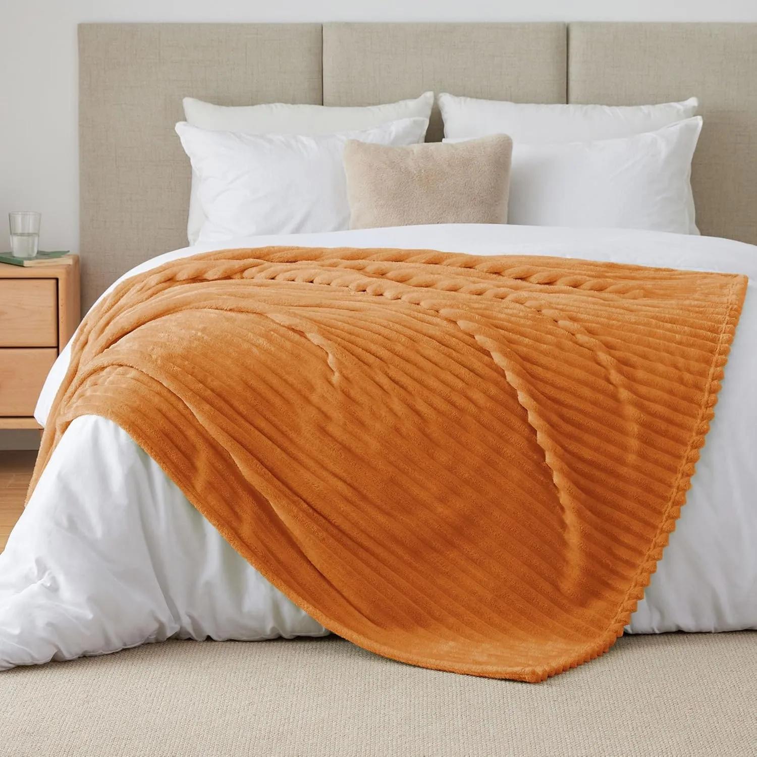 BEDELITE Fall Throw Blanket for Couch - 300GSM Soft & Warm Fluffy Fleece Blanket, Decorative and Giftable Burnt Orange Striped Blankets for Women, Men, 60"x80"