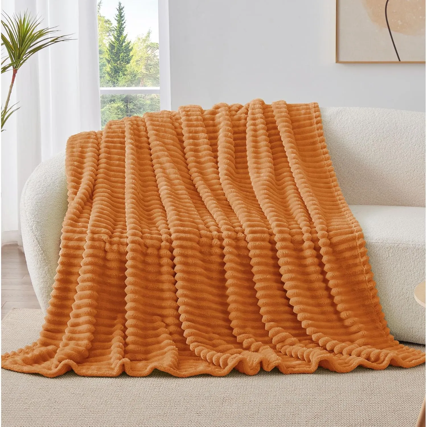 BEDELITE Fall Throw Blanket for Couch - 300GSM Soft & Warm Fluffy Fleece Blanket, Decorative and Giftable Burnt Orange Striped Blankets for Women, Men, 60"x80"