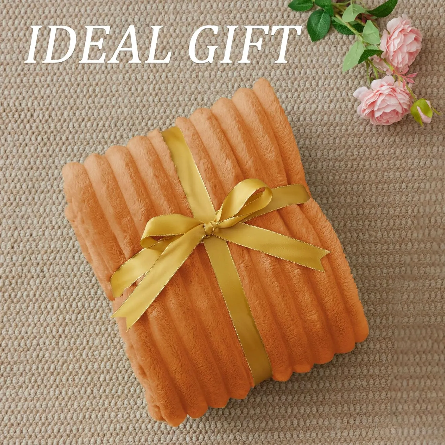 BEDELITE Fall Throw Blanket for Couch - 300GSM Soft & Warm Fluffy Fleece Blanket, Decorative and Giftable Burnt Orange Striped Blankets for Women, Men, 60"x80"
