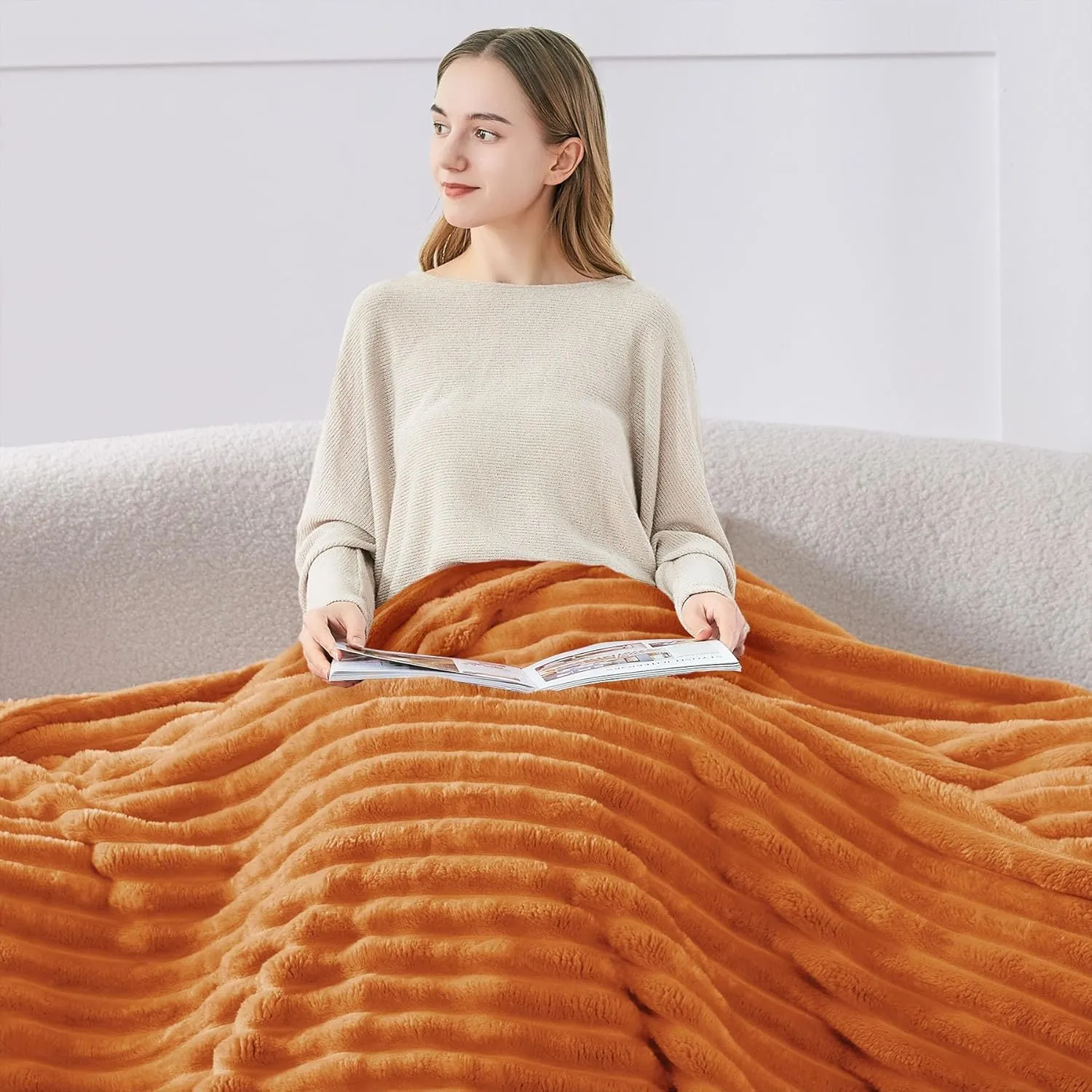 BEDELITE Fall Throw Blanket for Couch - 300GSM Soft & Warm Fluffy Fleece Blanket, Decorative and Giftable Burnt Orange Striped Blankets for Women, Men, 60"x80"