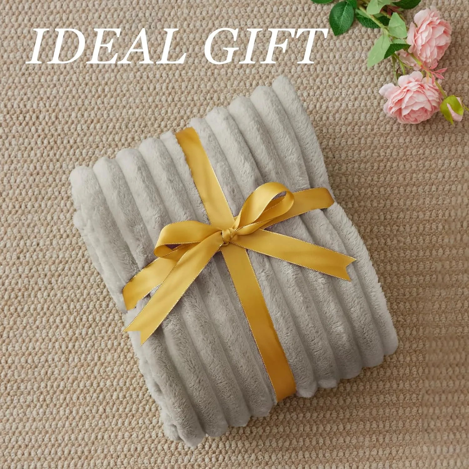 BEDELITE Fleece Throw Blanket for Couch - 300GSM Soft & Warm Fluffy Light Grey Blanket, Decorative and Giftable Striped Blankets for Women, Men, 50"x60"