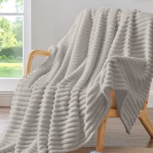 BEDELITE Fleece Throw Blanket for Couch - 300GSM Soft & Warm Fluffy Light Grey Blanket, Decorative and Giftable Striped Blankets for Women, Men, 50"x60"