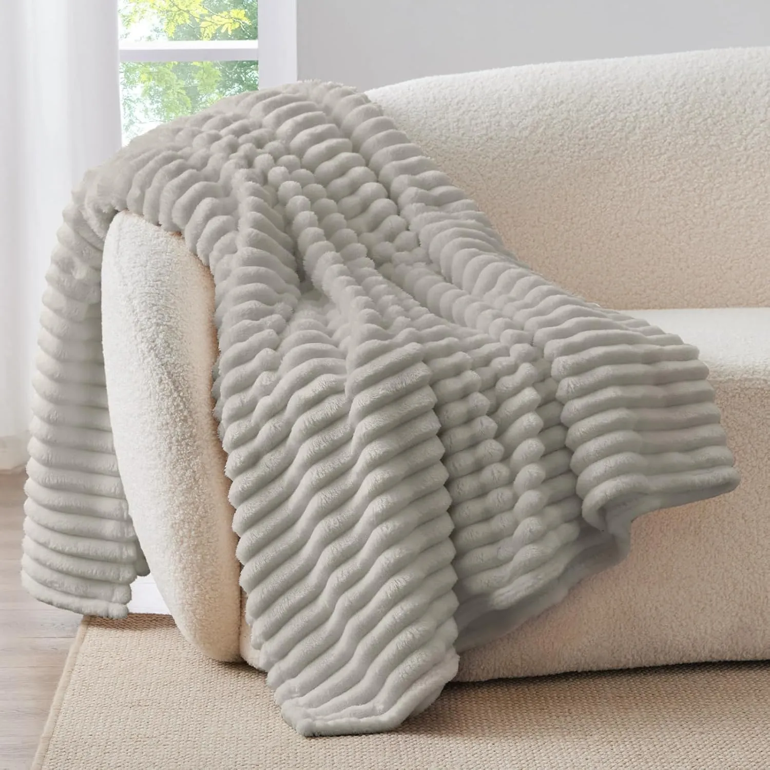 BEDELITE Fleece Throw Blanket for Couch - 300GSM Soft & Warm Fluffy Light Grey Blanket, Decorative and Giftable Striped Blankets for Women, Men, 50"x60"