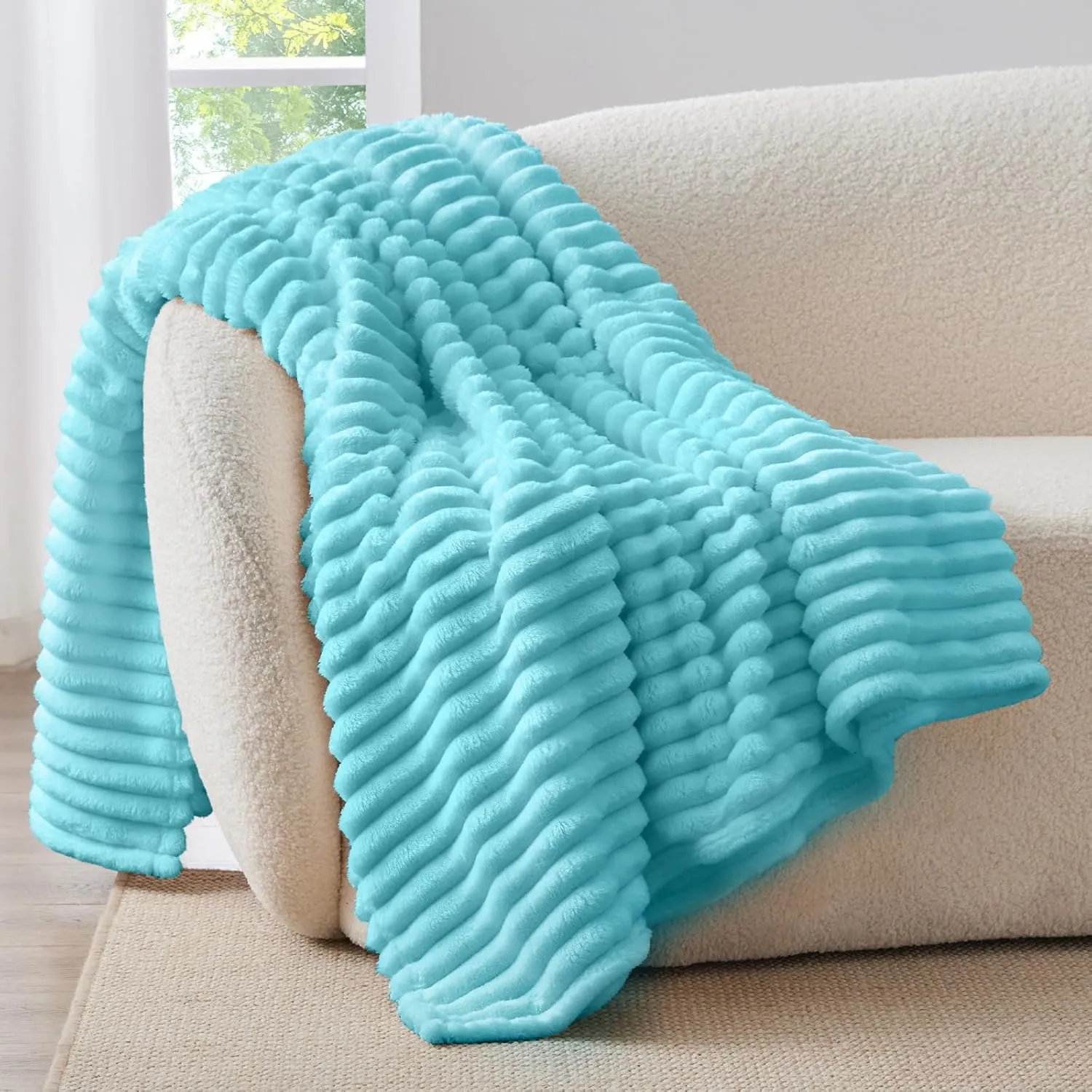 BEDELITE Fleece Throw Blanket for Couch - 300GSM Soft & Warm Fluffy Sky Blue Blanket, Decorative and Giftable Striped Blankets for Women, Men, 50"x60"