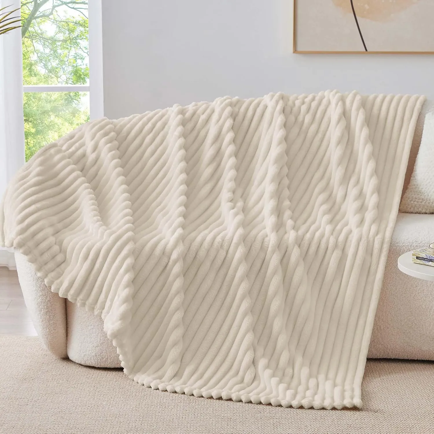 BEDELITE Fleece Throw Blanket for Couch, 300GSM Soft & Warm Fluffy Twin Blanket, Decorative and Giftable Striped Beige Blankets for Women, Men, 60"x80"