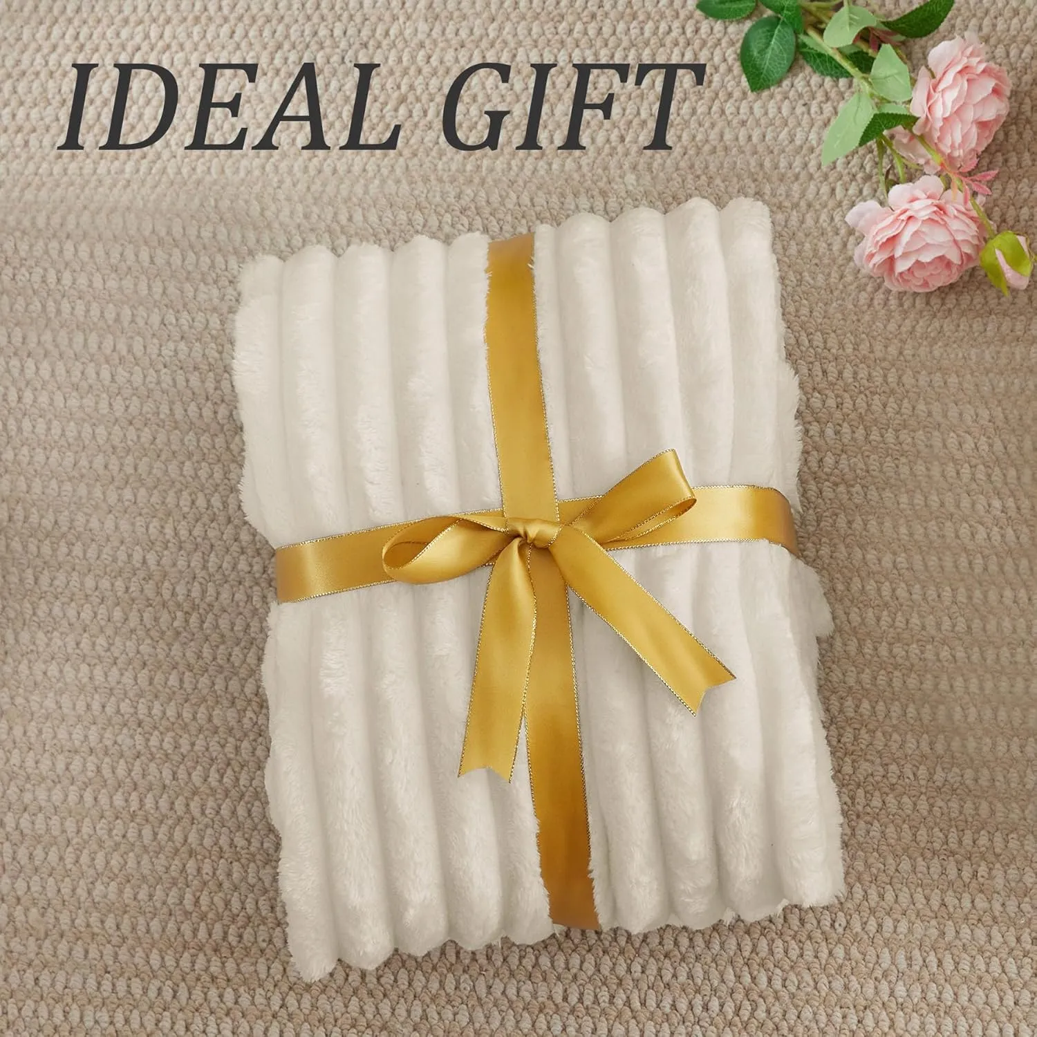 BEDELITE Fleece Throw Blanket for Couch, 300GSM Soft & Warm Fluffy Twin Blanket, Decorative and Giftable Striped Beige Blankets for Women, Men, 60"x80"