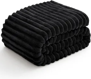 BEDELITE Fleece Throw Blanket for Couch, 300GSM Soft & Warm Fluffy Twin Blanket, Decorative and Giftable Striped Black Blankets for Women, Men, 60"x80"