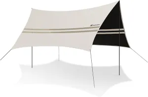 Beige Camping Tarp with Poles, 4.5 x 4.4m Large Waterproof Rain Fly Tarp for Hammock and Shelter Camping Accessories with Tent Stakes and Carry Bag