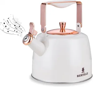 BERTILLE Teapot 2.5QT Whistle Exquisite Teapot for Stovetop, 18/8 Stainless Steel Stovetop Teapot, As the temperature rises, the color changes, with Silicone Folding Handle(White)