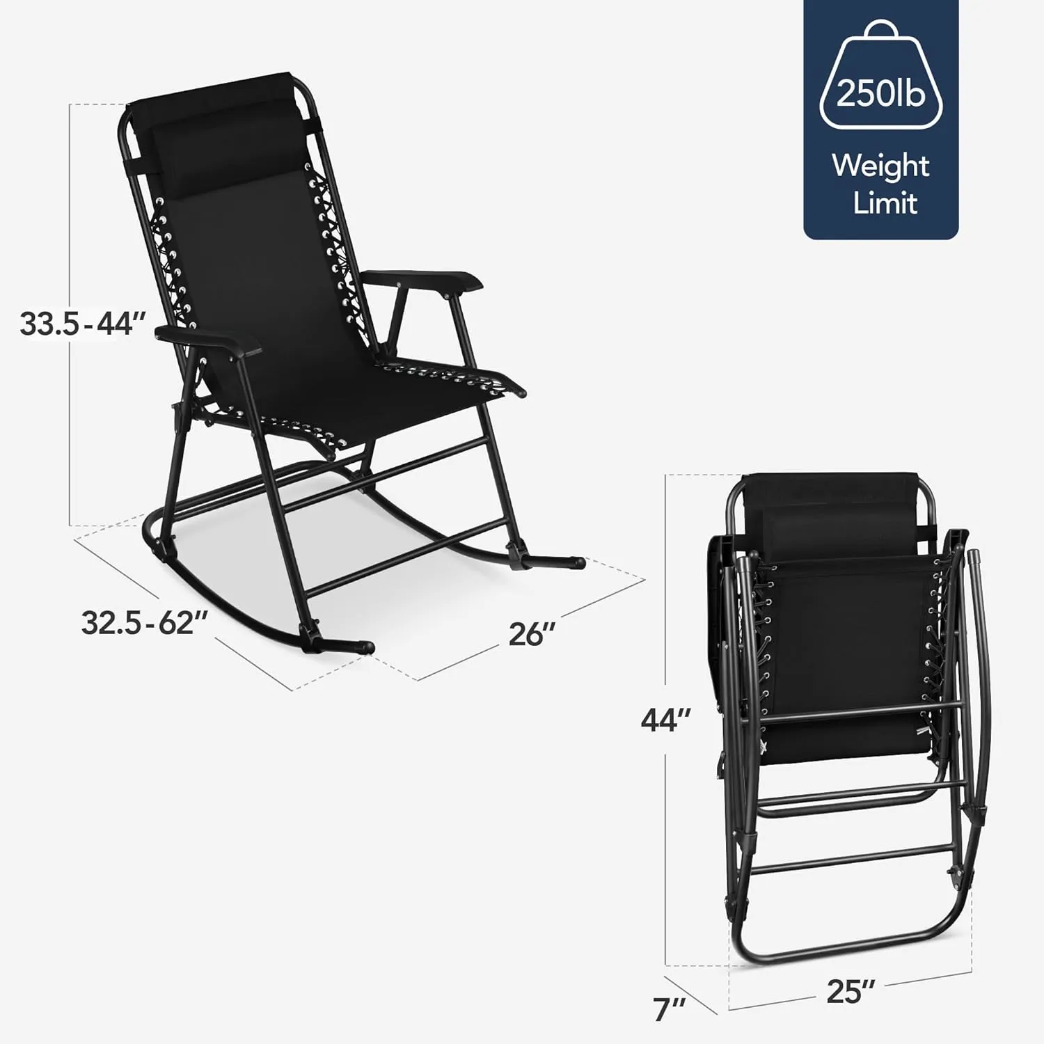 Best Choice Products Outdoor Folding Rocking Chair, Zero Gravity Lounge Chair, Patio Rocker w/Headrest Pillow - Black