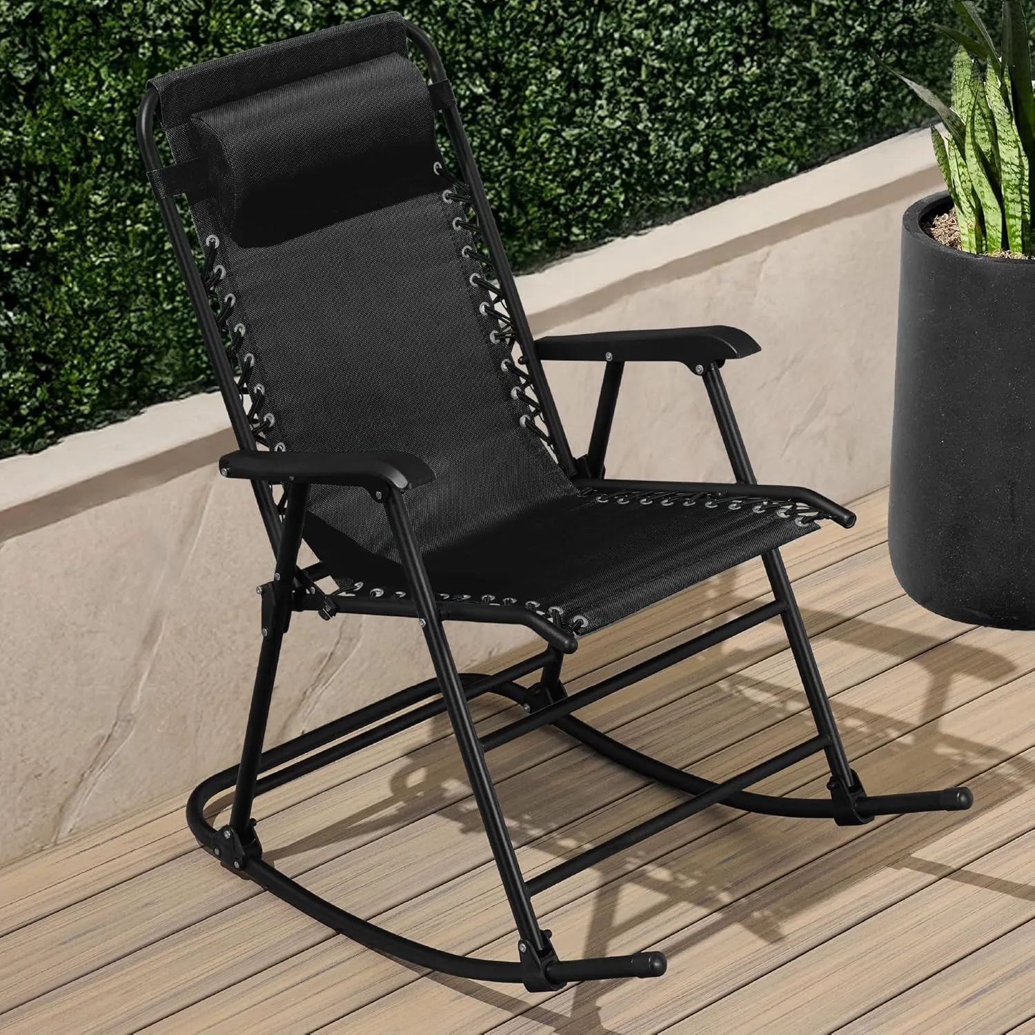 Best Choice Products Outdoor Folding Rocking Chair, Zero Gravity Lounge Chair, Patio Rocker w/Headrest Pillow - Black