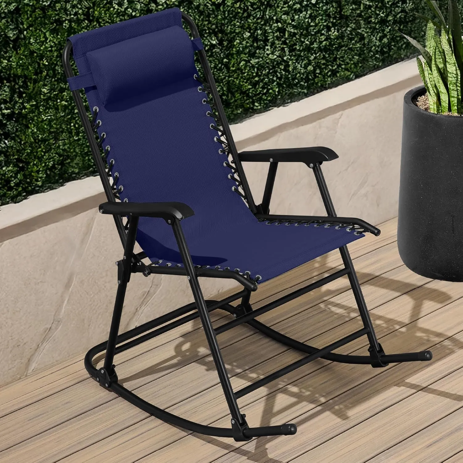 Best Choice Products Outdoor Folding Rocking Chair, Zero Gravity Lounge Chair, Patio Rocker w/Headrest Pillow - Blue