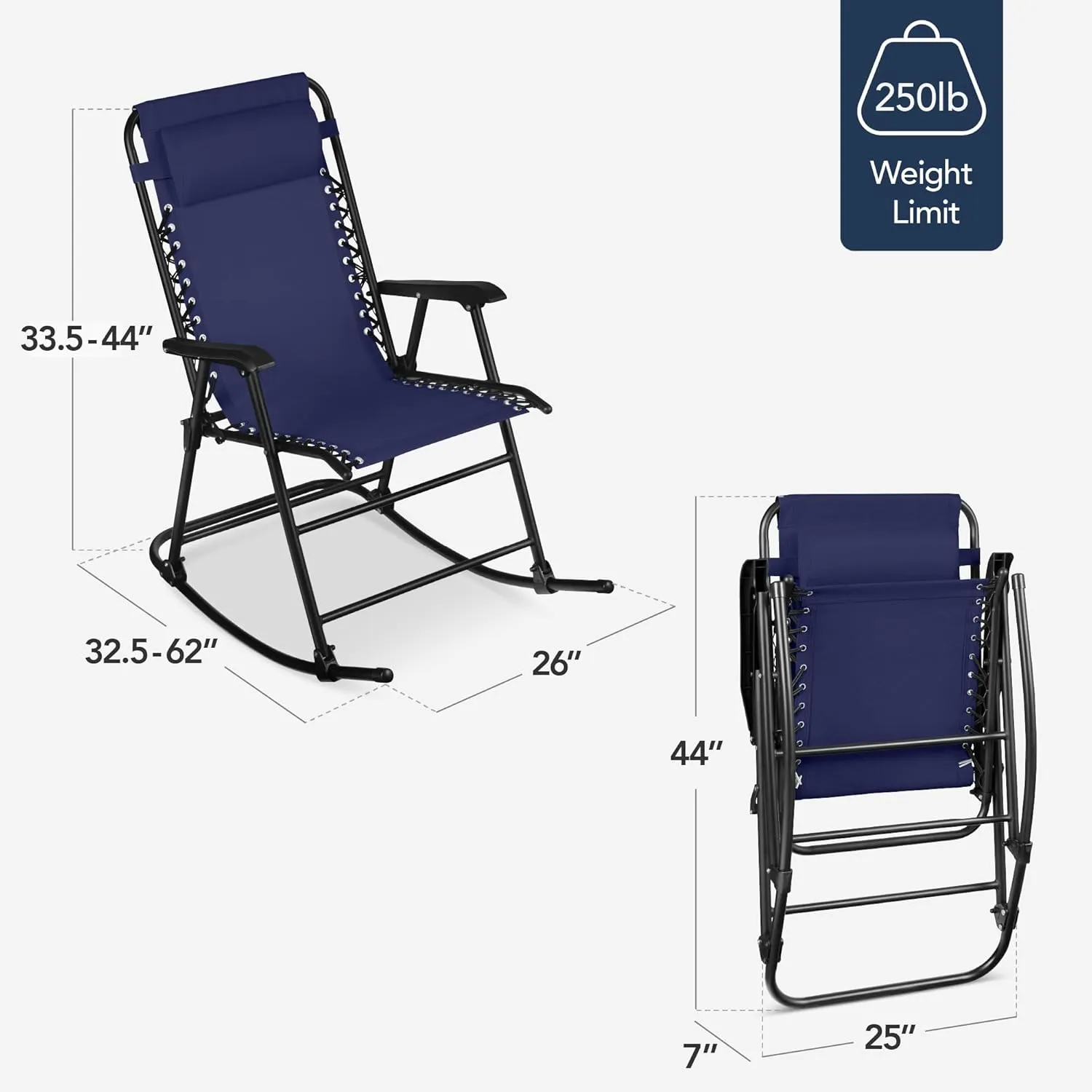 Best Choice Products Outdoor Folding Rocking Chair, Zero Gravity Lounge Chair, Patio Rocker w/Headrest Pillow - Blue