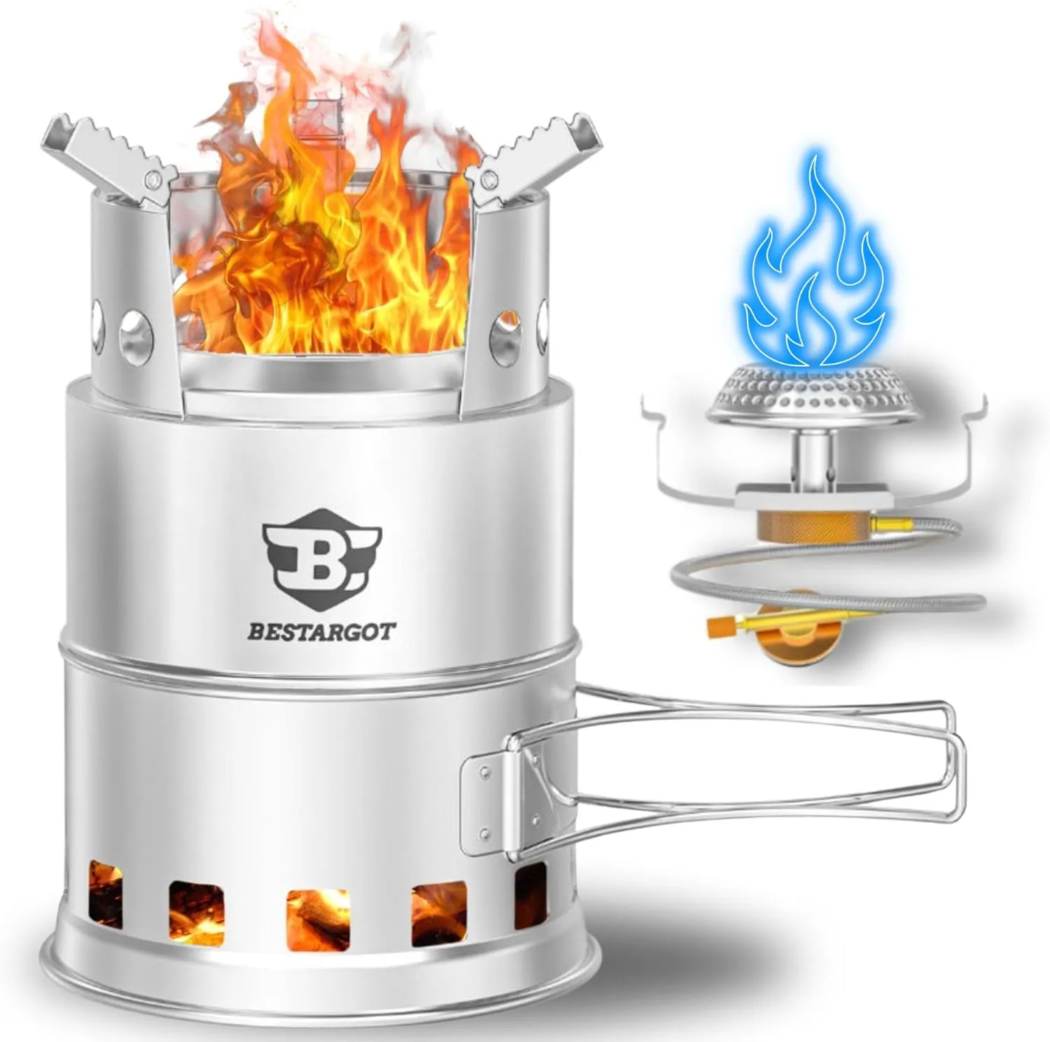 Bestargot Camping Stove, Portable Smokeless Wood Fire Pit, Stainless Steel, Gas Burner Version, Stackable, Windproof, for Camping, Hiking, Fishing, Hunting (Camping GAS Stove)