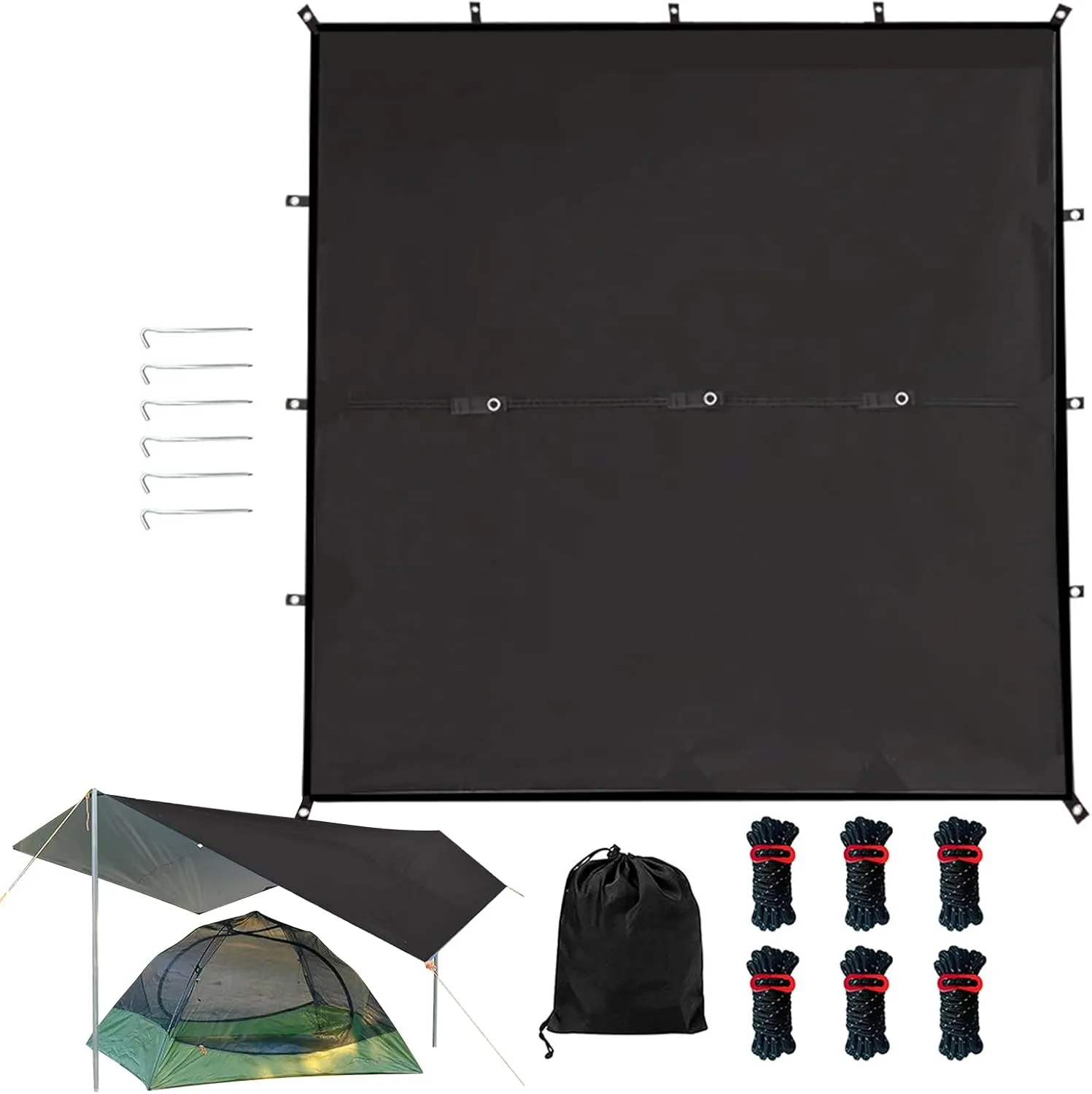 Black 84 x 115in Waterproof Camping Tarp - Ground Sheet Mat | Heavy Duty Tarp Shelter |with 6 Ropes | 6 Stakes | Carrying Bag | Tent Floor Saver | Portable Hiking Accessories, For Activities Adventure